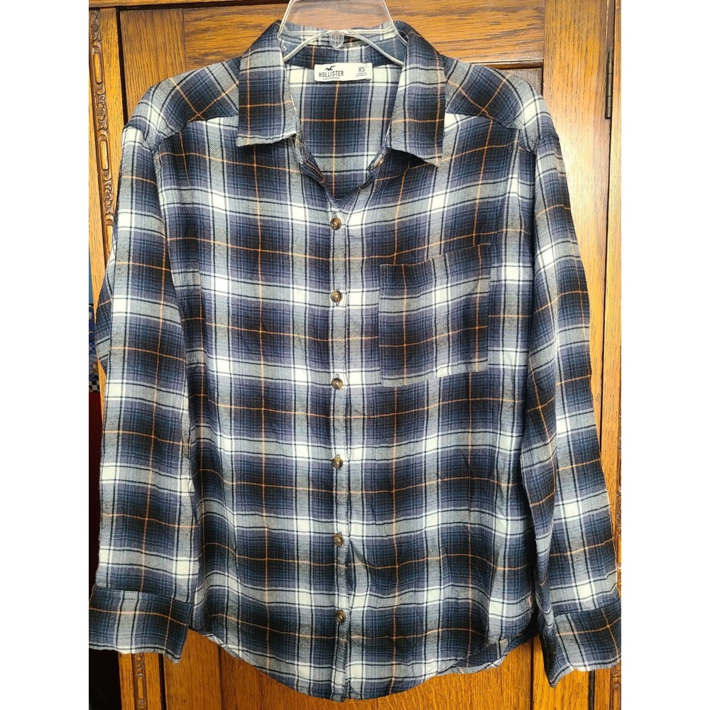 Hollister Womens Blue Plaid Flannel Button Down Shirt XS Long Sleeve Pocket
